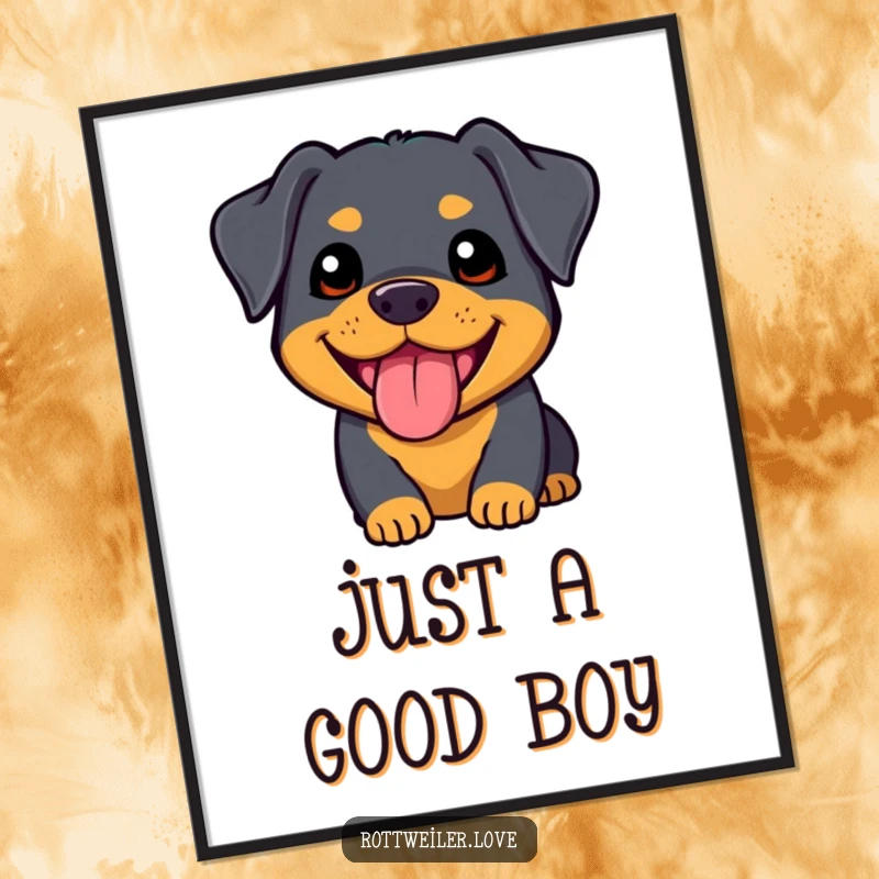 Funny kawaii rottweiler poster featuring an extremely cute dog with a happy panting face, bringing cheerful vibes to any room.