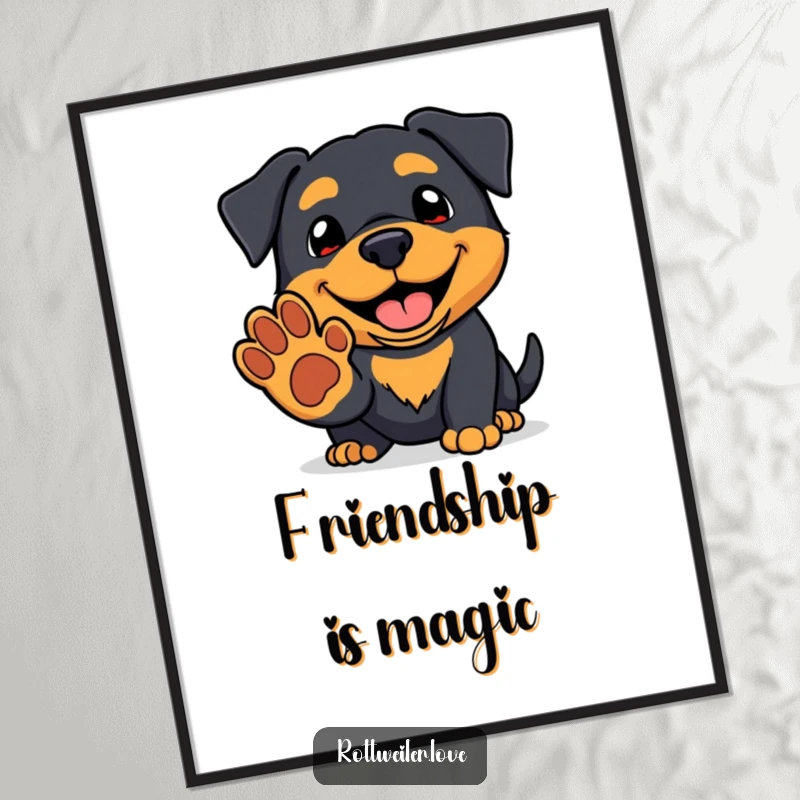 Funny kawaii rottweiler poster with a friendly grin offering a paw, perfect for adding adorable and humorous wall art.