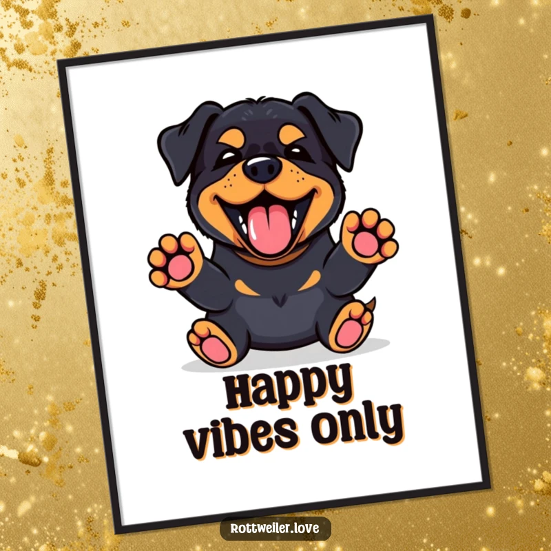 Funny Kawaii Rottweiler poster featuring a happy bark and front paws up, radiating enthusiasm and cheer.