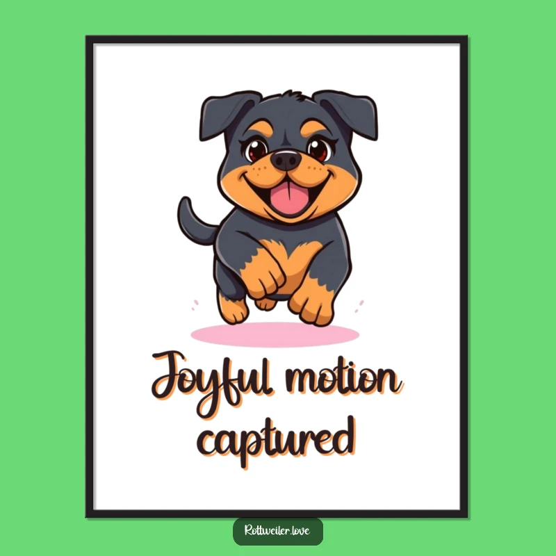 Funny Kawaii Rottweiler Running Poster, Determined Dog Wall Art, Cheerful Pup Decor