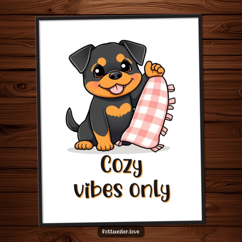 Funny Rottweiler Poster of a dog enthusiastically waving a small, checkered blanket, capturing a moment of pure comfort and joy.
