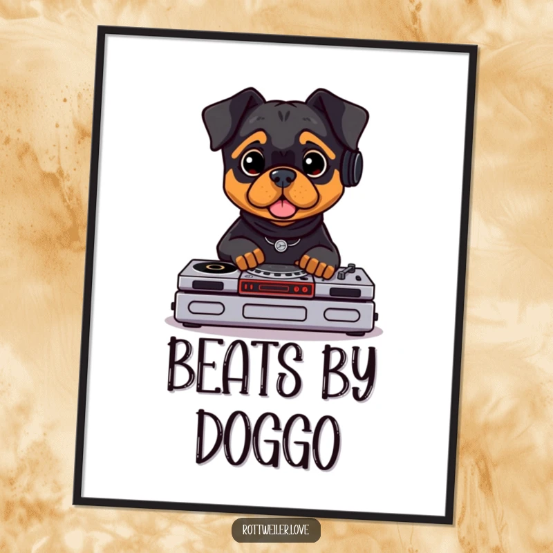 Funny Rottweiler DJ poster showing a Rottweiler with headphones, confidently spinning on tiny turntables. Vibrant wall art.