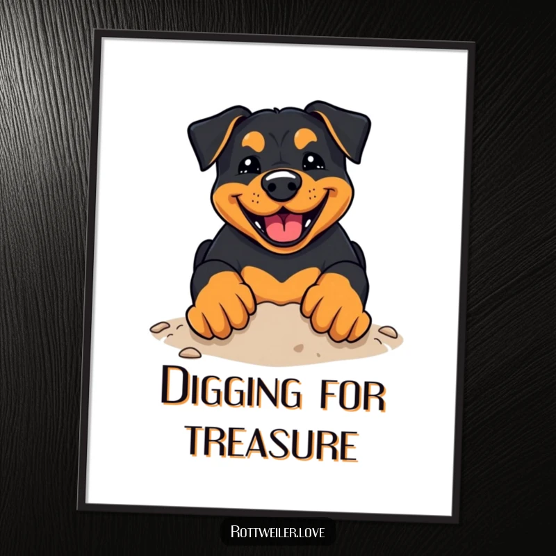 Funny Rottweiler Poster featuring a kawaii rottweiler with a wide, happy grin digging enthusiastically with its paws.