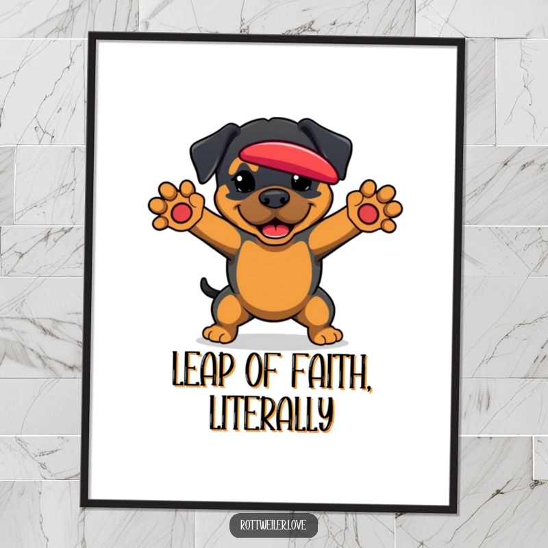 Funny Rottweiler Poster art of a dog with paws ready to catch a frisbee, embodying energy and playfulness.