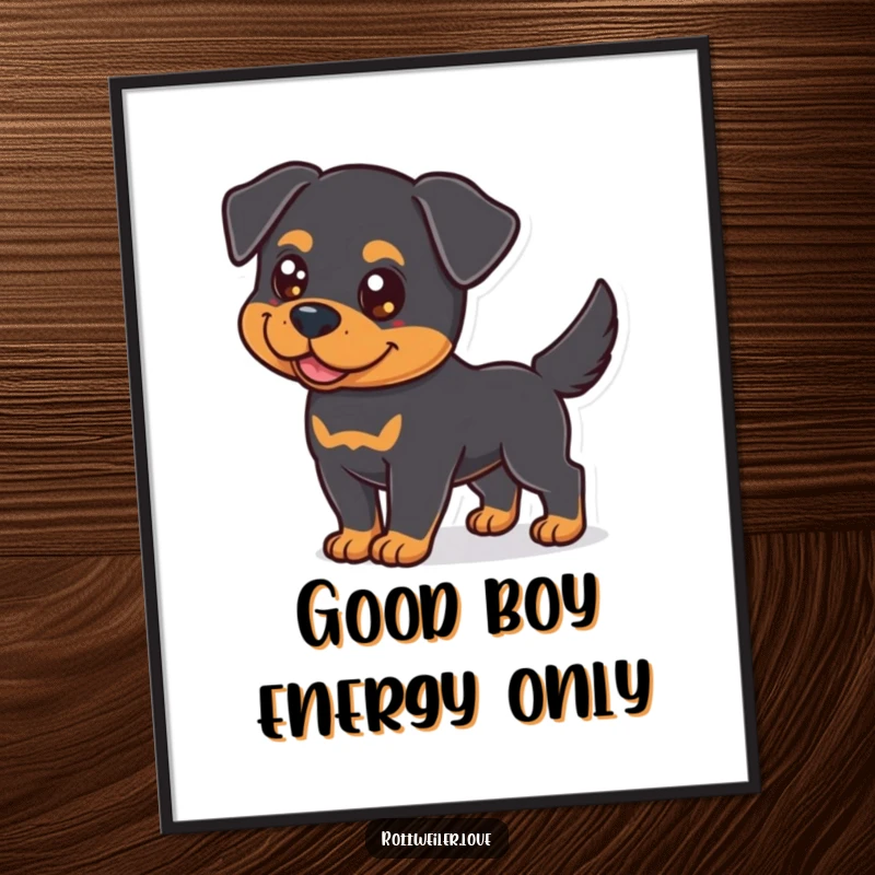Funny Rottweiler Poster displaying a dog with attentive, bright eyes and a lively wagging tail, capturing pure doggy delight.