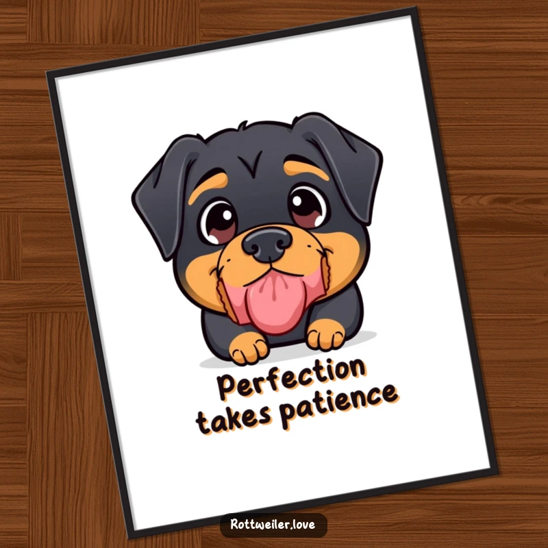 Funny Rottweiler Poster featuring a kawaii rottweiler with large, focused eyes balancing a delectable treat perfectly on its snout.