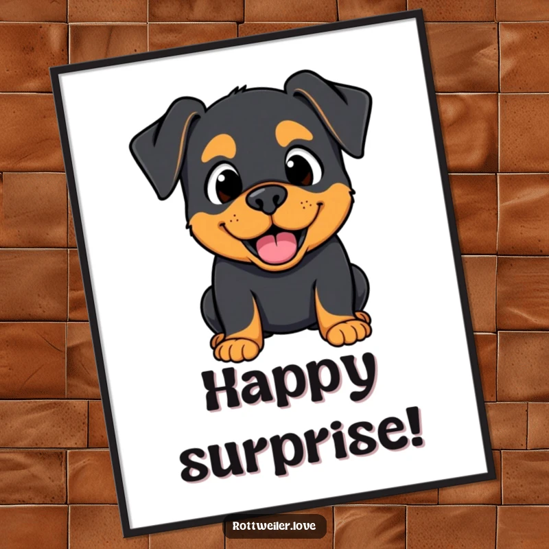 Funny Kawaii Rottweiler poster depicting a surprised but happy expression, capturing a moment of pure delight.