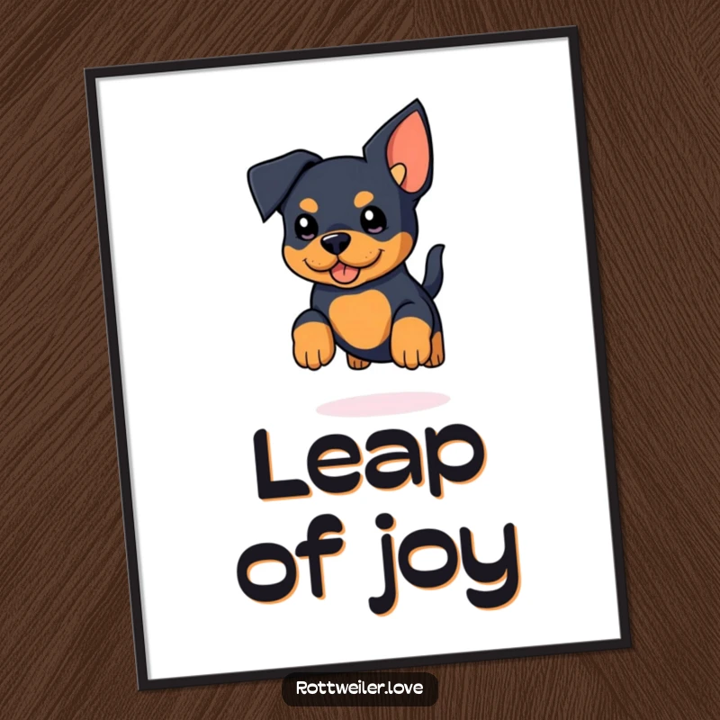 Funny Rottweiler Poster showcasing a kawaii rottweiler with exaggerated ears caught mid-air in an ecstatic jump, tail wagging happily.