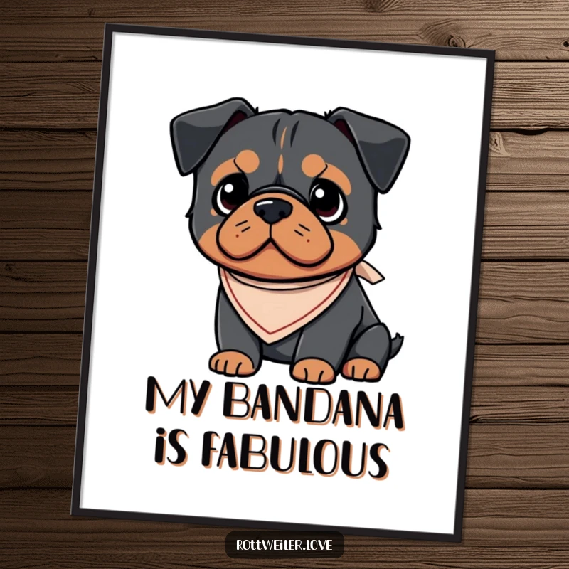 Funny Kawaii Rottweiler poster featuring a cheerful dog with a small, cute bandana, adding a playful and heartwarming touch to wall art.