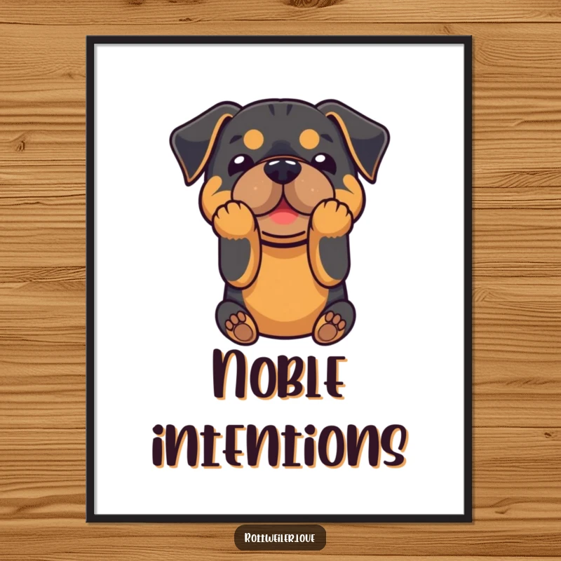 Funny poster of a Rottweiler humorously performing a playful bow with its front paws, creating eye-catching and amusing wall art.