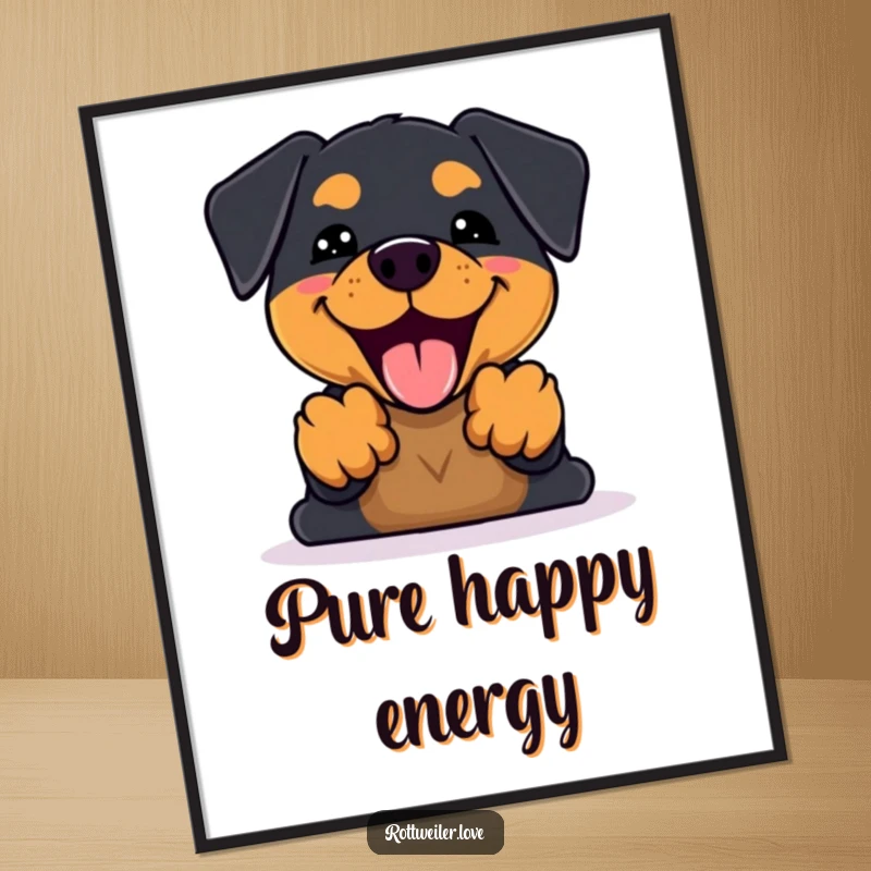 Funny Kawaii Rottweiler Poster depicting an enthusiastic dog mid-bark with front paws raised, radiating cheerful energy and canine excitement.