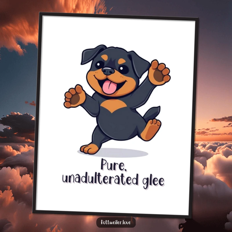 Funny Rottweiler artwork depicting a joyful spin with paws in the air, creating a dynamic poster.