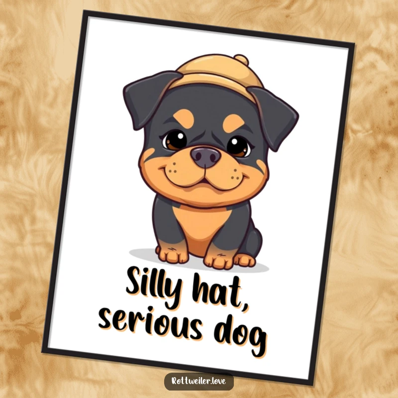 Funny kawaii rottweiler poster displaying a dog's silly, exaggerated expression and a tiny hat, bringing humorous wall art.