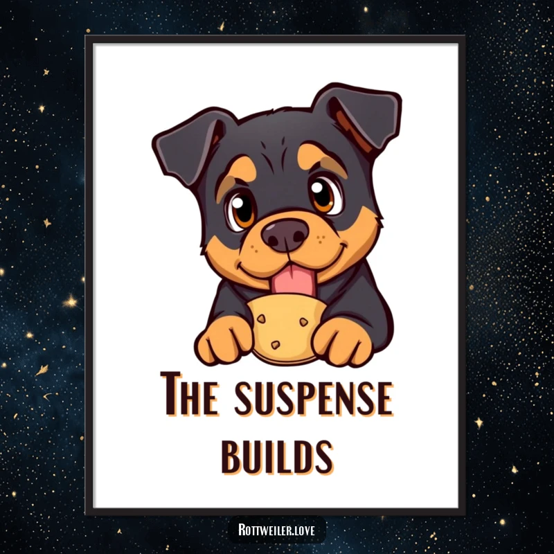 Funny rottweiler poster featuring a curious dog with bright eyes looking at a presented treat, a humorous and captivating piece.