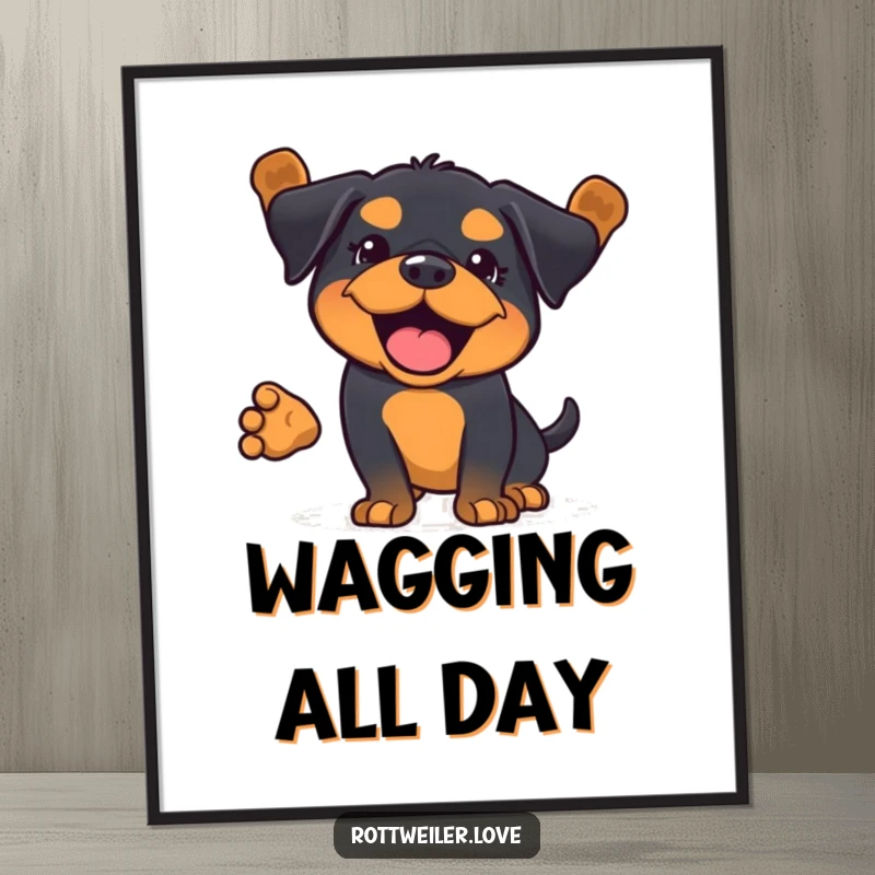 Funny Kawaii Rottweiler poster illustrating an enthusiastic full body wag, capturing pure canine delight.