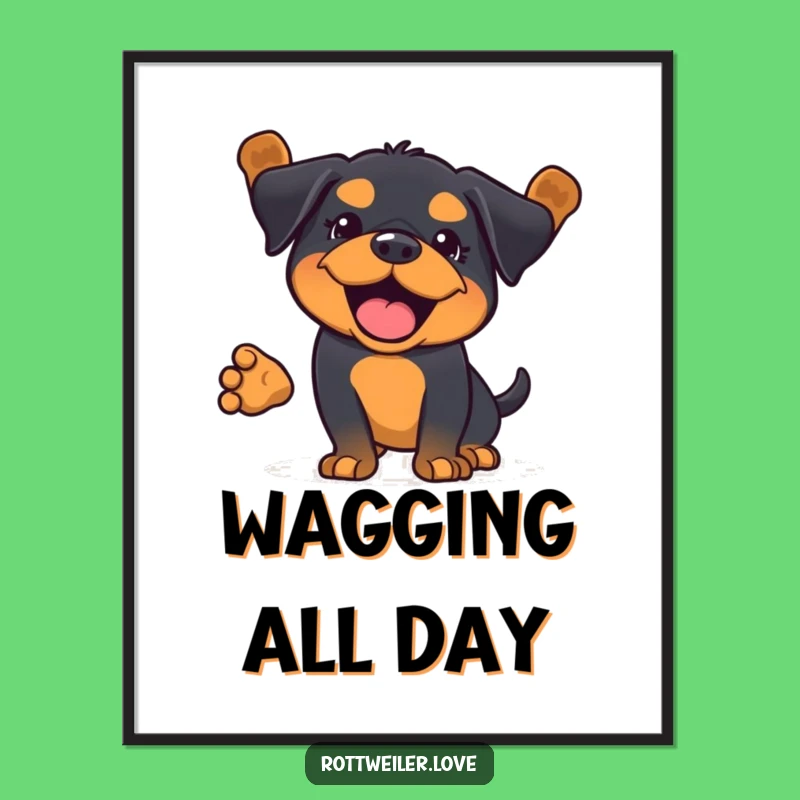 Funny Kawaii Rottweiler Wag Poster: Full Body Art, Joyful Dog Decor Gift