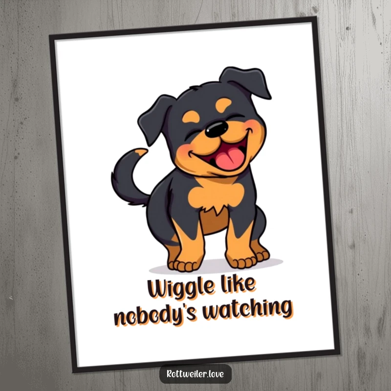 Funny Rottweiler Poster: High-quality print of a Rottweiler wiggling with pure joy, its tail wagging energetically.