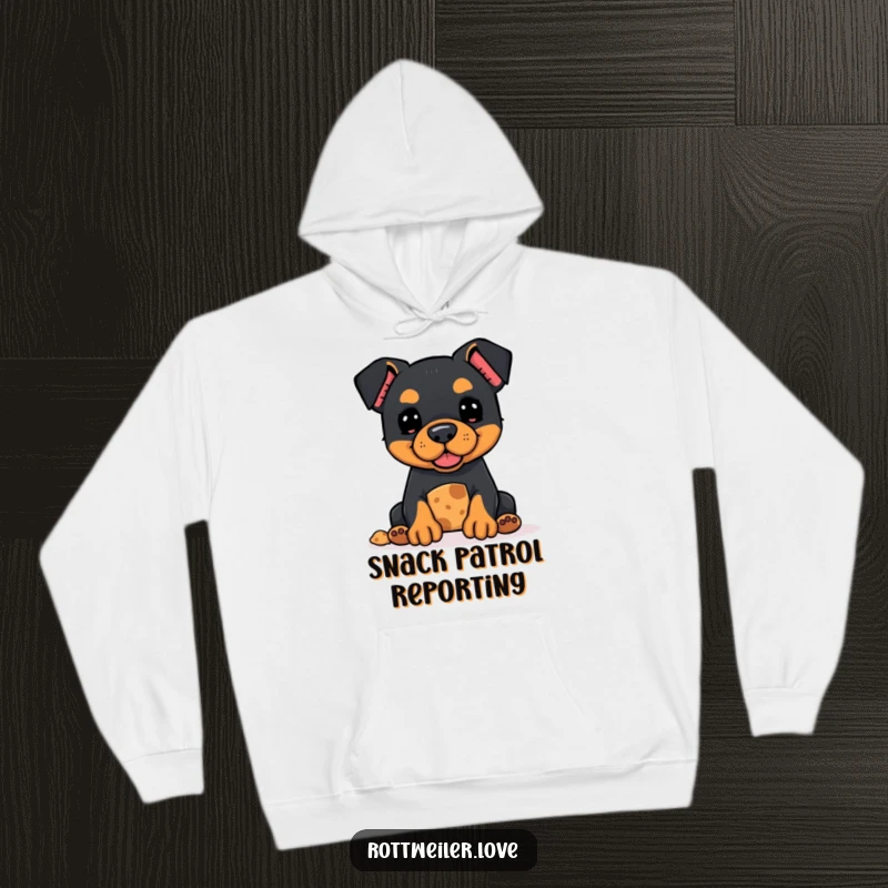 Funny Kawaii Rottweiler hoodie featuring an adorable dog offering a treat with hopeful eyes, perfect for cozy charm.