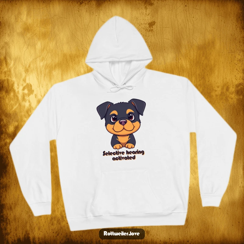 Cute rottweiler with ears perked, listening intently in this warm and humorous hoodie, perfect for cozy moments.