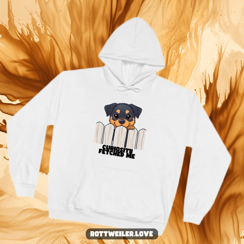 Funny Rottweiler hoodie featuring a dog peeking over a fence with happy, curious eyes, perfect for cozy humor.