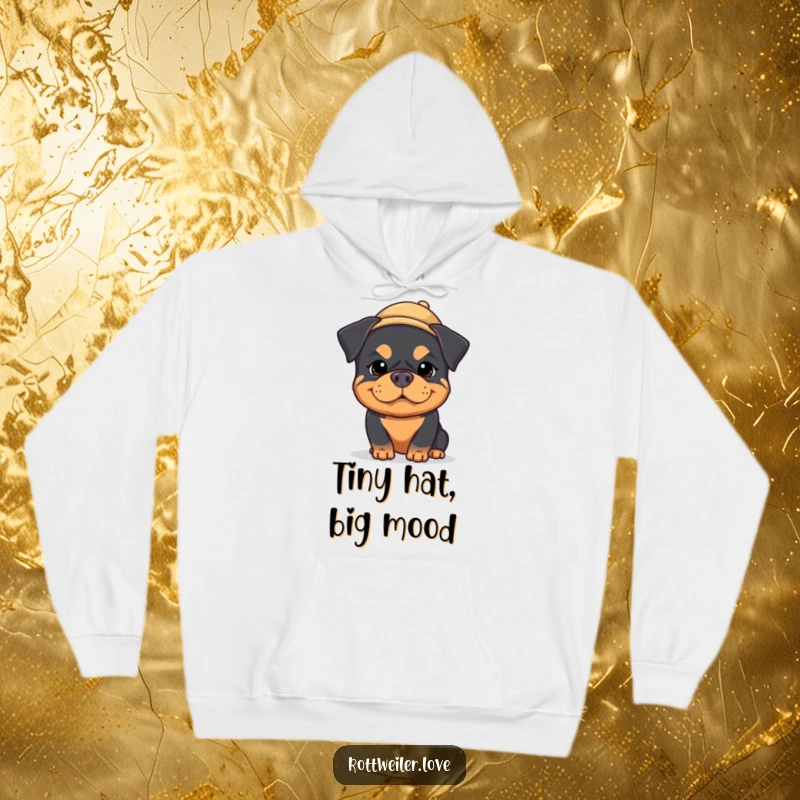 Funny kawaii rottweiler hoodie featuring a dog with an absurdly silly expression and a tiny hat, perfect for cozy humor.