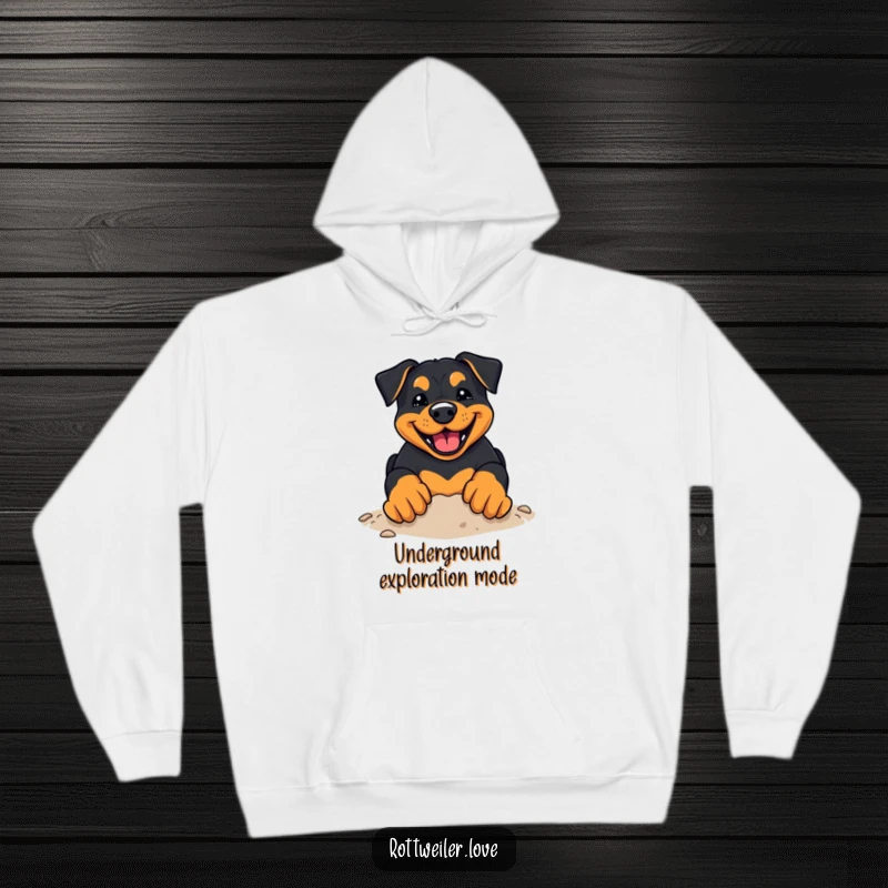 Funny Kawaii Rottweiler Hoodie featuring a cute rottweiler with a huge grin, enthusiastically digging with paws flying.