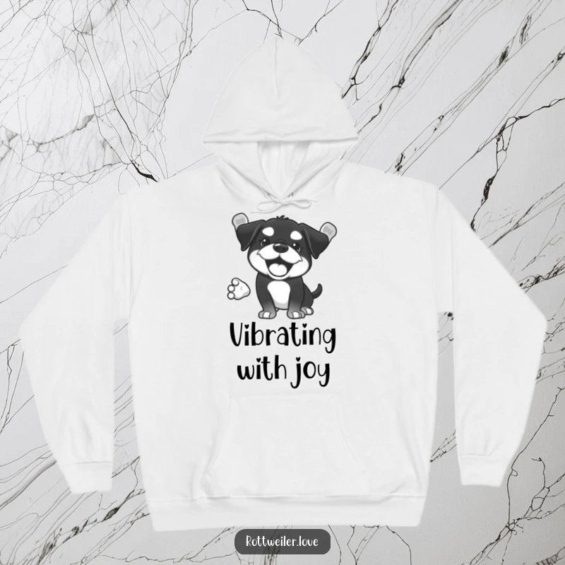 Funny Kawaii Rottweiler hoodie depicting an enthusiastic whole body wag, perfect for cozy, happy vibes.