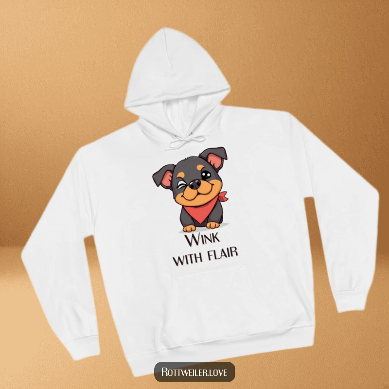 Funny Rottweiler hoodie displaying a dog wearing a silly bandana and giving a playful wink, offering cozy comfort with a dash of mischief.