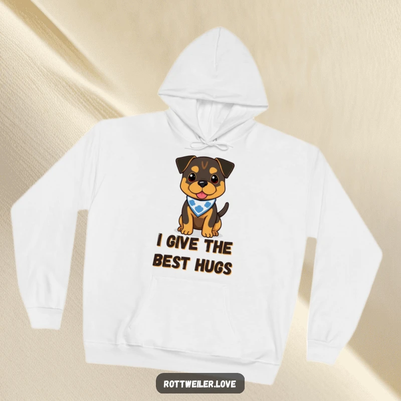 Funny Rottweiler hoodie showing a dog with a bandana and a happily wagging tail, ideal for cozy humor and gifts.