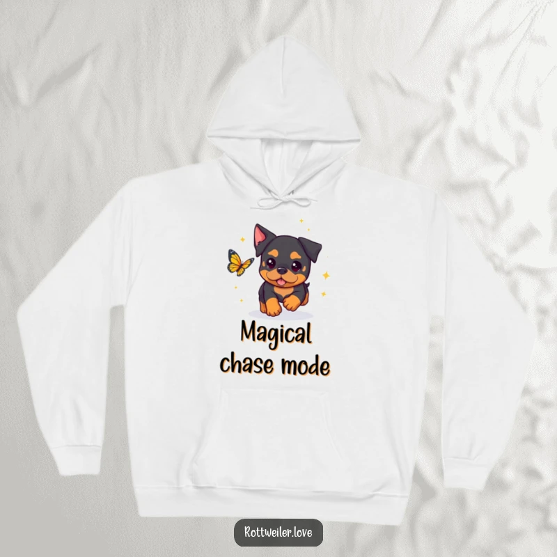 Funny Kawaii Rottweiler Hoodie featuring a cute rottweiler shimmering with sparkles, joyfully pursuing a butterfly.