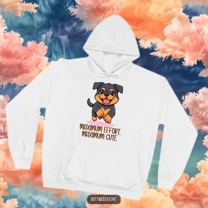 Funny Kawaii Rottweiler hoodie illustrating a dog in determined yet cheerful motion, perfect for staying warm during any activity.