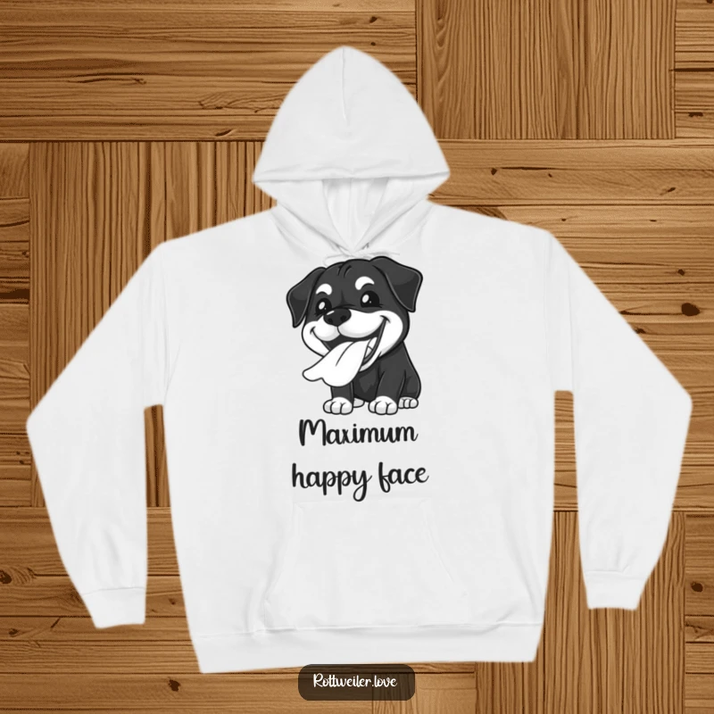 Funny Kawaii Rottweiler hoodie featuring a joyful grin with tongue lolling out, perfect for cozy happiness.