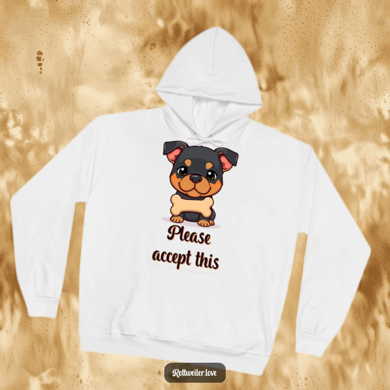 Funny, shy Rottweiler dog offers a bone, radiating sweet canine humor in this cozy hoodie.