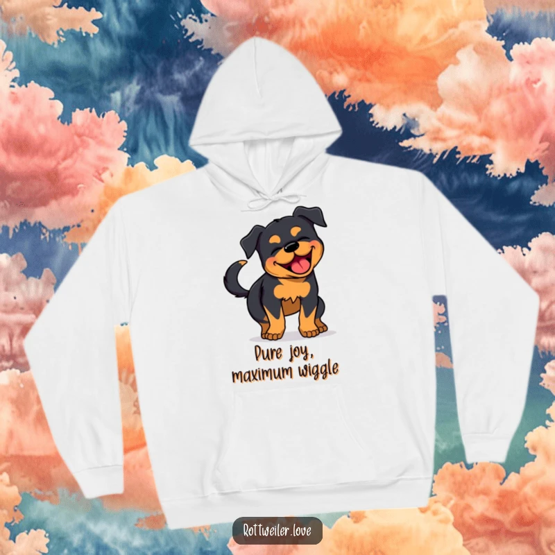 Funny Rottweiler Joy Hoodie: A warm hoodie showing a Rottweiler wiggling with immense joy, its tail wagging rapidly.