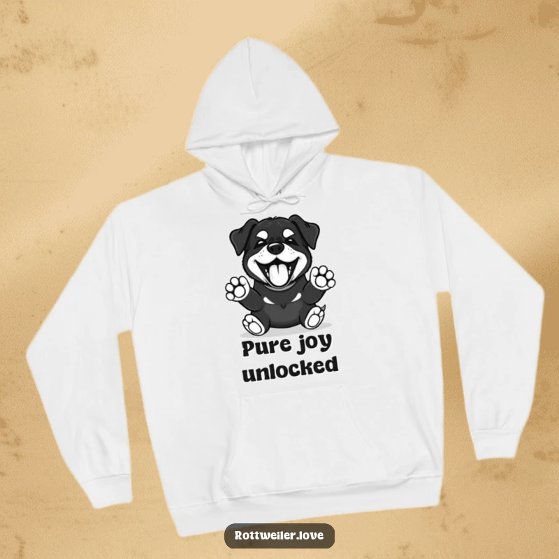 Funny Kawaii Rottweiler hoodie depicting a happy bark with front paws enthusiastically up, ideal for cozy comfort.