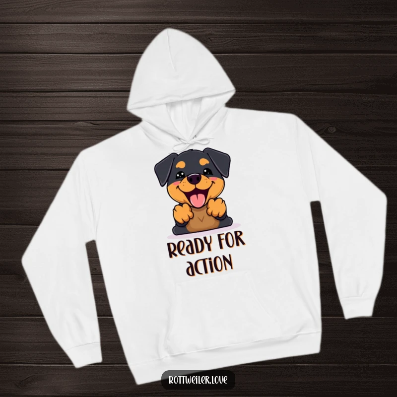 Funny Kawaii Rottweiler Hoodie featuring an enthusiastic dog barking happily with front paws raised, offering cozy and energetic vibes.