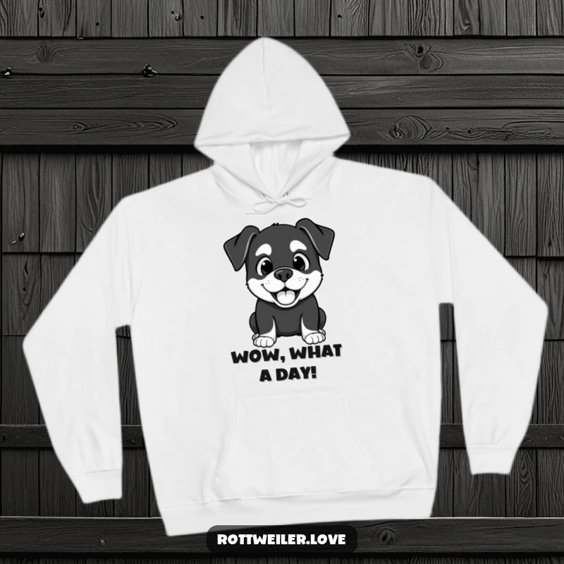 Funny Kawaii Rottweiler hoodie with a surprised but happy expression, perfect for cozy, delightful comfort.