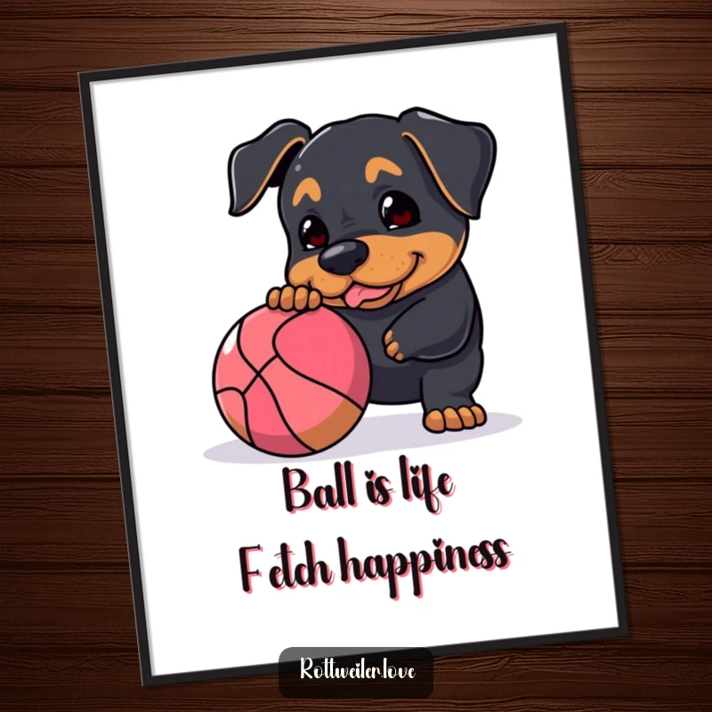 Funny Free Printable Wall Art: Rottweiler nudging a large bouncy ball, playful dog art, energetic decor, digital download.