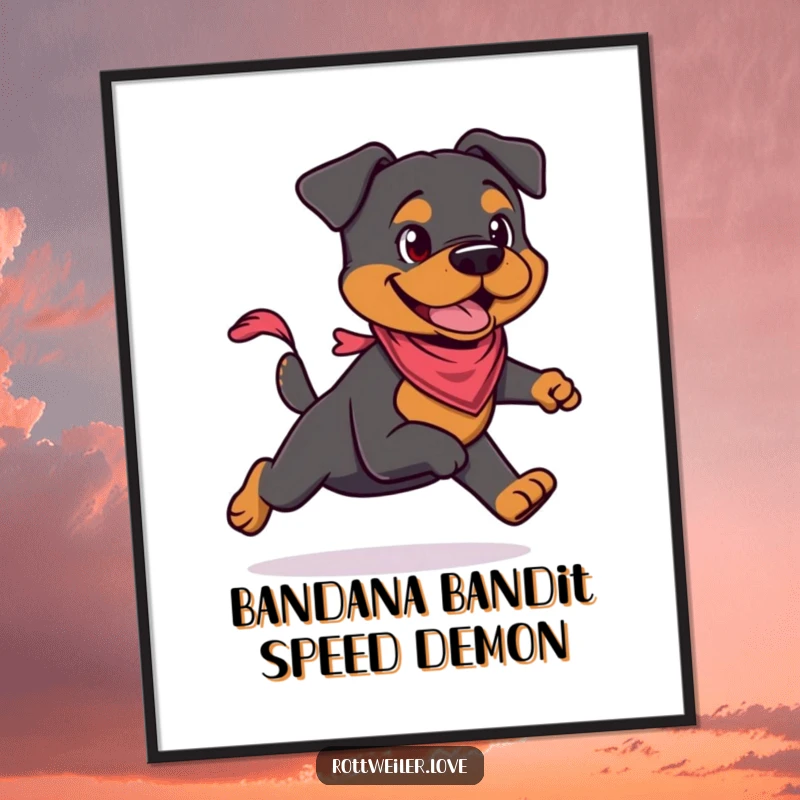 Funny Free Printable wall art of a Rottweiler wearing a tiny bandana, caught in a dynamic pose as it runs with impressive energy.