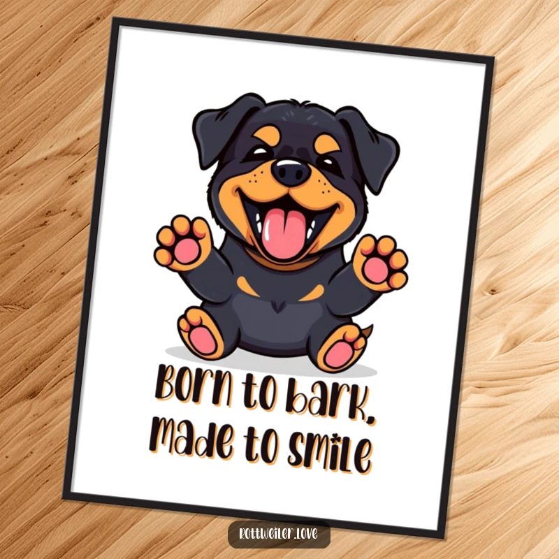 Funny Free Printable Wall Art: A cheerful Kawaii Rottweiler captured mid-bark, front paws eagerly lifted in excitement.