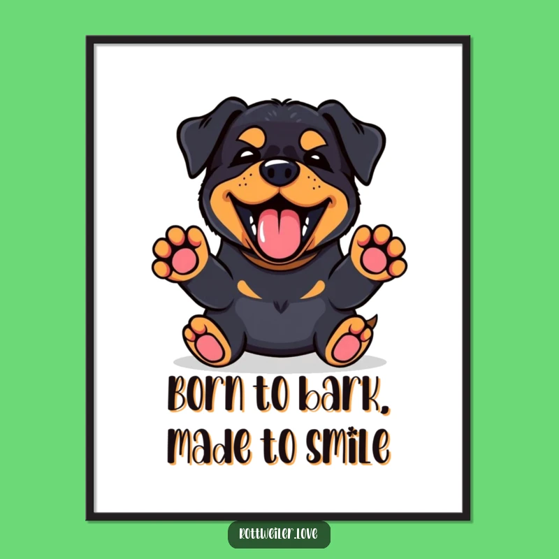 Free Printable Wall Art: Happy Kawaii Rottweiler Barking, Funny Downloadable Decor