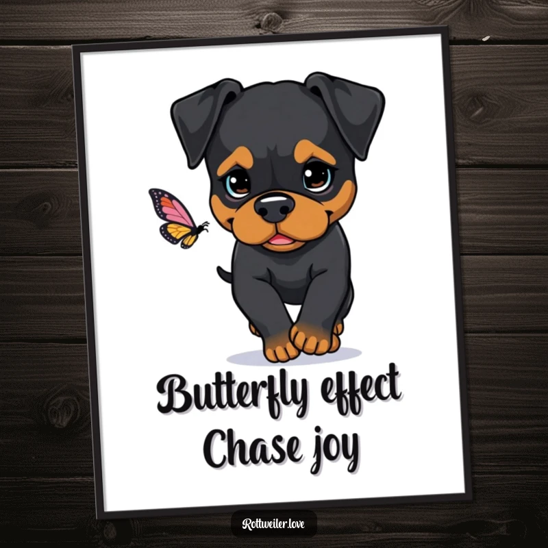 Funny Free Printable Wall Art: Rottweiler determinedly chasing a butterfly, focused dog art, quirky hunter decor, digital download.