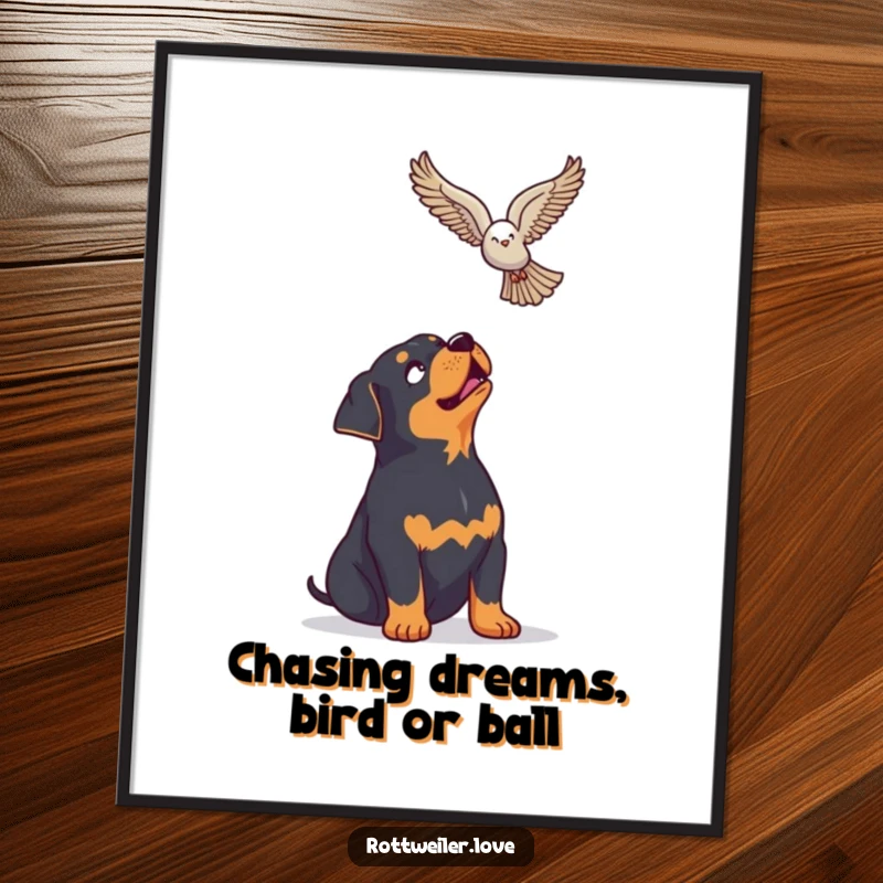 Funny Free Printable Wall Art: A rottweiler looking up with pure enthusiasm and wonder at a magnificent soaring bird.