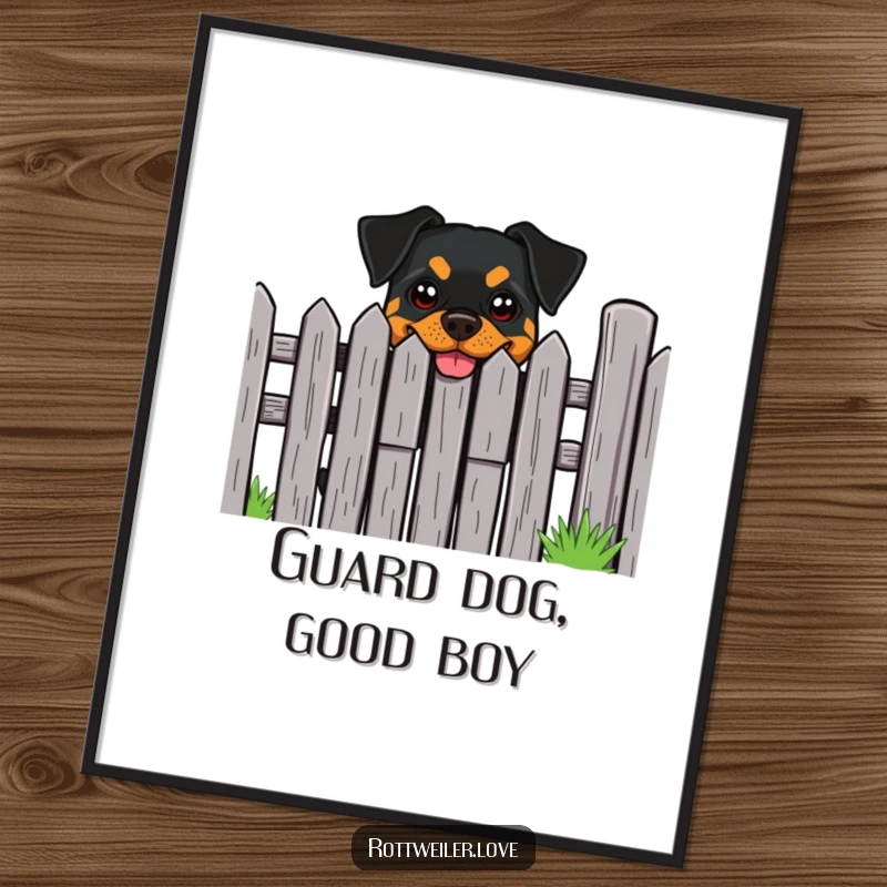 Funny Free Printable Wall Art: A rottweiler with a mischievous, cheeky grin peeks slyly from behind a sturdy fence, eyes twinkling.