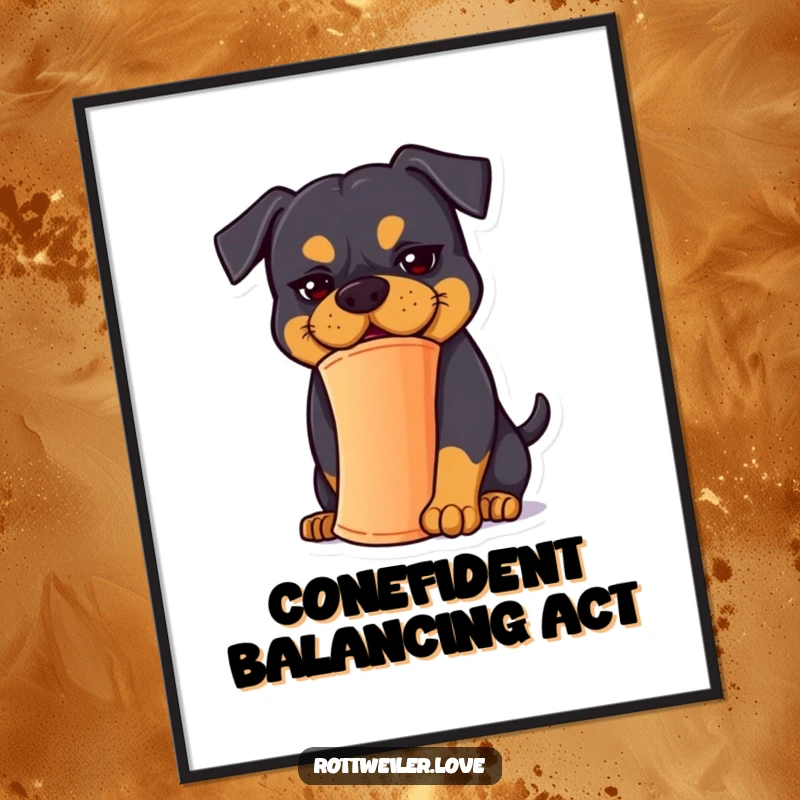 Funny Free Printable Wall Art: A rottweiler with a hilariously goofy expression tries to balance a cone on its head, looking perplexed.