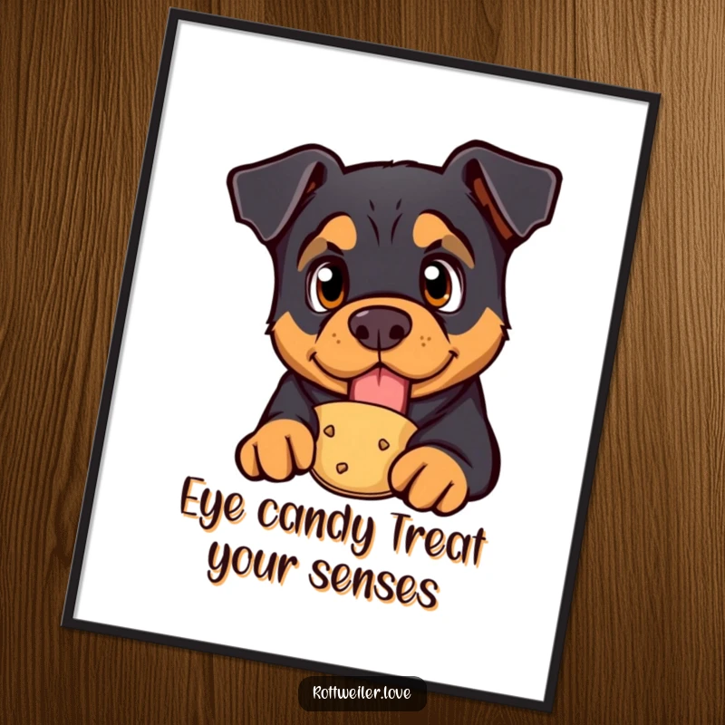Funny Free Printable Wall Art: A Rottweiler with wide, curious eyes, intensely focused on a treat held out.