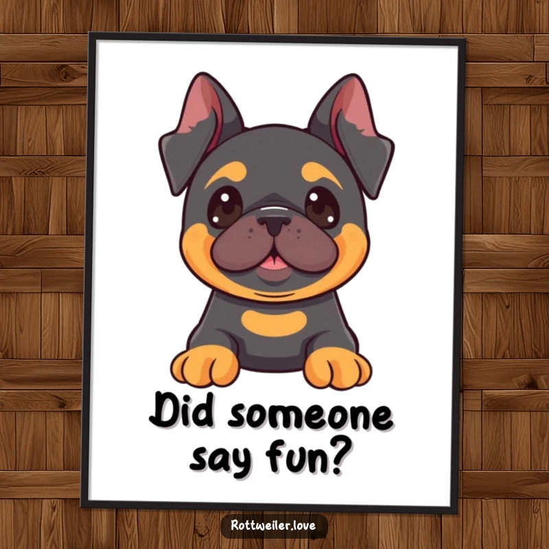 Funny free printable wall art: A Kawaii Rottweiler with perked ears, looking intently at something fun. Humorous and captivating dog decor.