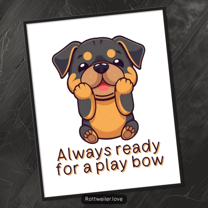 Funny free printable wall art of a Rottweiler performing a playful bow with its front paws, radiating good cheer.