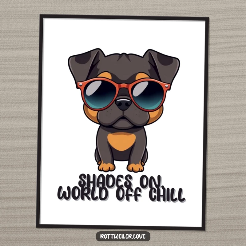 Funny Free Printable Wall Art: A Rottweiler looks incredibly cool wearing oversized, round sunglasses.