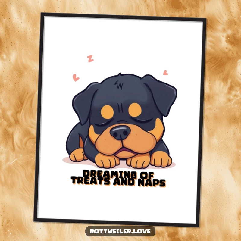 Funny Free Printable Rottweiler Wall Art: A sleepy dog rests with eyes closed, dreaming contentedly in a peaceful slumber.